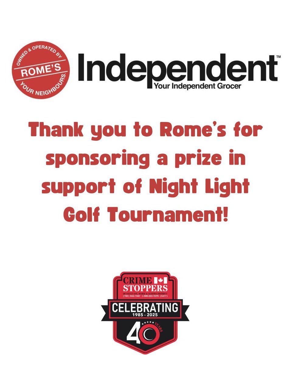 Thank You, Rome’s! 🌙🏌️✨

A big shoutout to Rome’s for sponsoring a prize at our Night Light Golf Tournament! Your generosity helps make the night even more exciting for our golfers! We’re so grateful! 

#NightLightGolf #CrimeStoppersSault #CommunitySupport #ThankYou
