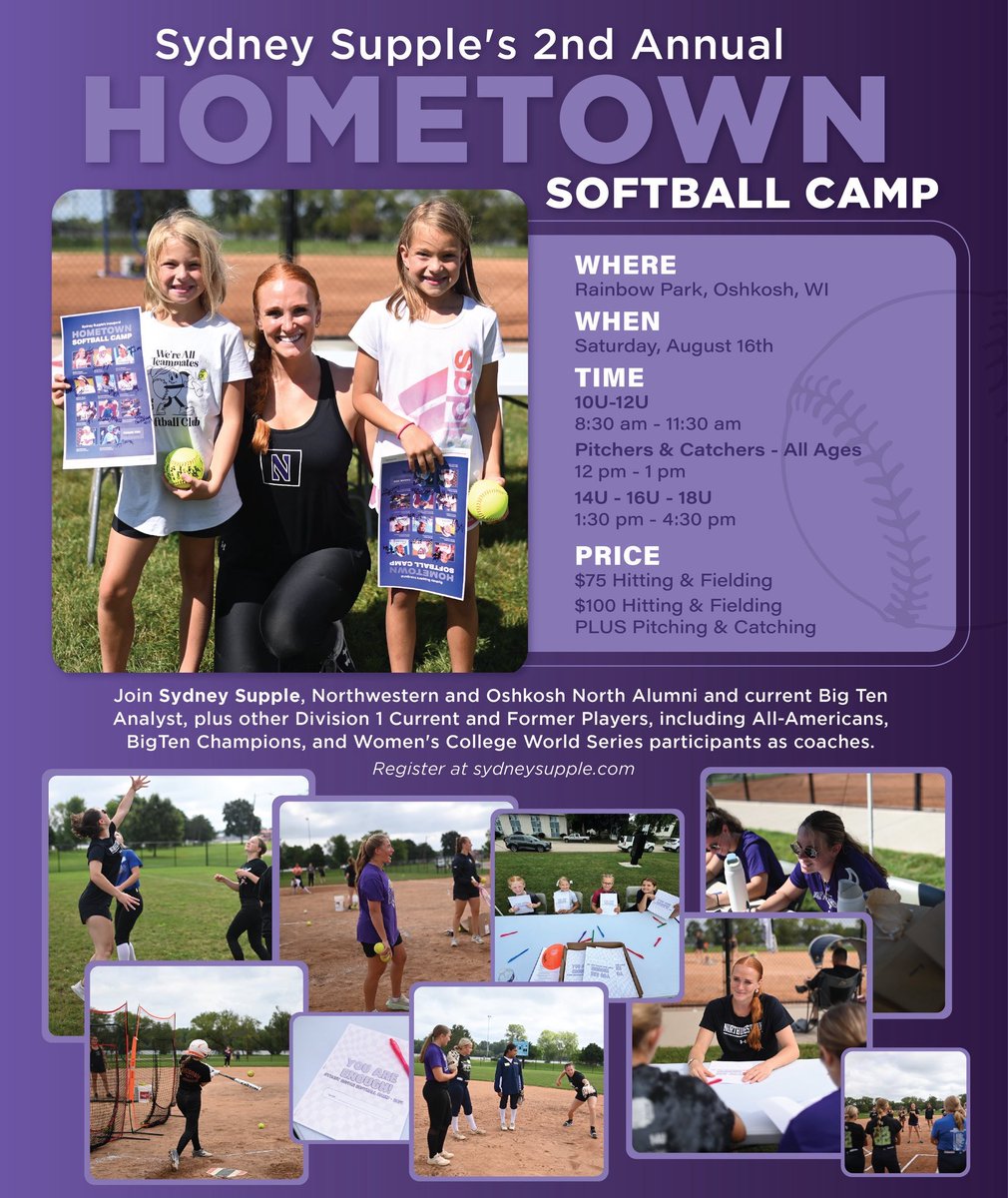 UPDATED LOCATION - 1823 GROVE STREET - OSHKOSH, WI 🚨 

Due to ⛈️, the camp is relocating indoors to prevent any delays/cancellations. My 2nd Annual Hometown Camp will be at 
5 Star Baseball/Softball Training. 

REGISTRATION IS STILL OPEN SO SIGN-UP TODAY.
sydneysupple.com