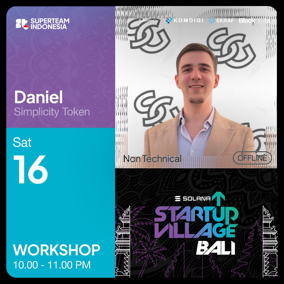 Superteam Indonesia (@superteamindo) on Twitter photo The second workshop of Day 2!
We’ll be joined by <a href="/Simplicity_Dan/">DanielsCorner</a> from <a href="/SimplicityWeb3/">Simplicity Group</a>, diving into the world of tokenomics and sharing insights to help you design and grow sustainable Web3 projects.
🕘 10.00 - 11.00 AM WITA
lu.ma/fv3tpnf3
#bikinajadulu The second workshop of Day 2!
We’ll be joined by <a href="/Simplicity_Dan/">DanielsCorner</a> from <a href="/SimplicityWeb3/">Simplicity Group</a>, diving into the world of tokenomics and sharing insights to help you design and grow sustainable Web3 projects.
🕘 10.00 - 11.00 AM WITA
lu.ma/fv3tpnf3
#bikinajadulu