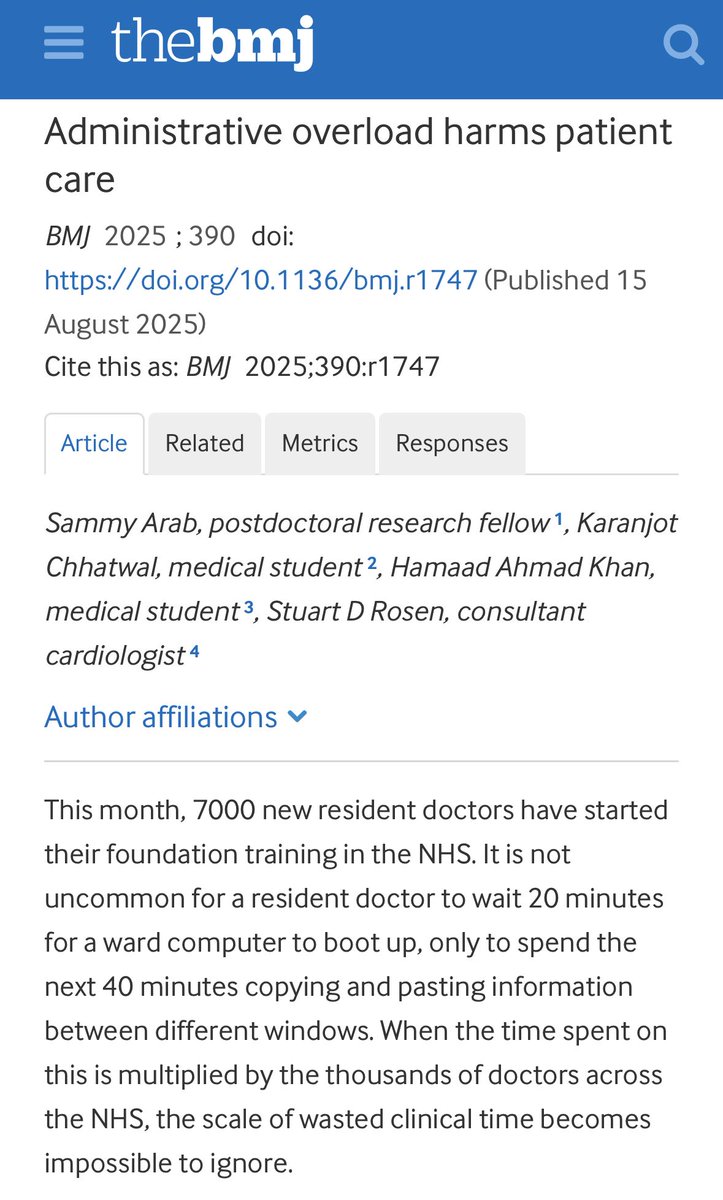 Karan (@karanchhatwal_) on Twitter photo Administrative overload harms patient care!
Our new <a href="/bmj_latest/">The BMJ</a> piece co-authored with <a href="/SammyArab/">Sammy Arab, MD</a>, <a href="/HamaadAKhan/">Hamaad @hamaadkhan.bsky.social</a> & Prof Stuart D Rosen explores how admin tasks & fragmented digital systems steal time from patients.
Clinician designed tools aren’t optional, they’re essential! Administrative overload harms patient care!
Our new <a href="/bmj_latest/">The BMJ</a> piece co-authored with <a href="/SammyArab/">Sammy Arab, MD</a>, <a href="/HamaadAKhan/">Hamaad @hamaadkhan.bsky.social</a> & Prof Stuart D Rosen explores how admin tasks & fragmented digital systems steal time from patients.
Clinician designed tools aren’t optional, they’re essential!