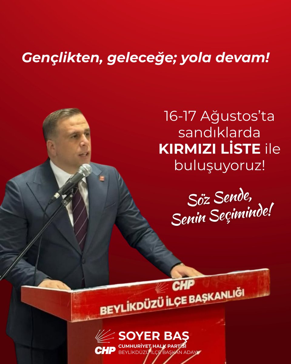 RENGİMİZ KIRMIZI! ❤️
16-17 Ağustos’ta, Beylikdüzü’nün 10 mahallesinde sandığa gidiyoruz!
Partimizin geleceğine yön verecek, Muhtarlık Bölgesi Delege Seçimleri’nde Kırmızı Liste için oyunu kullan, değişime ortak ol.

📅 16 Ağustos Cumartesi: Barış, Büyükşehir, Cumhuriyet, Kavaklı,