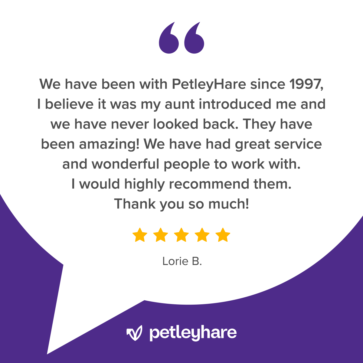💬 Client Spotlight
Since 1997 — that’s nearly three decades of trust, care, and community. ❤️

We’re so grateful for amazing clients like this who’ve been with us through the years. Thank you for the kind words and for making PetleyHare part of your family’s story.