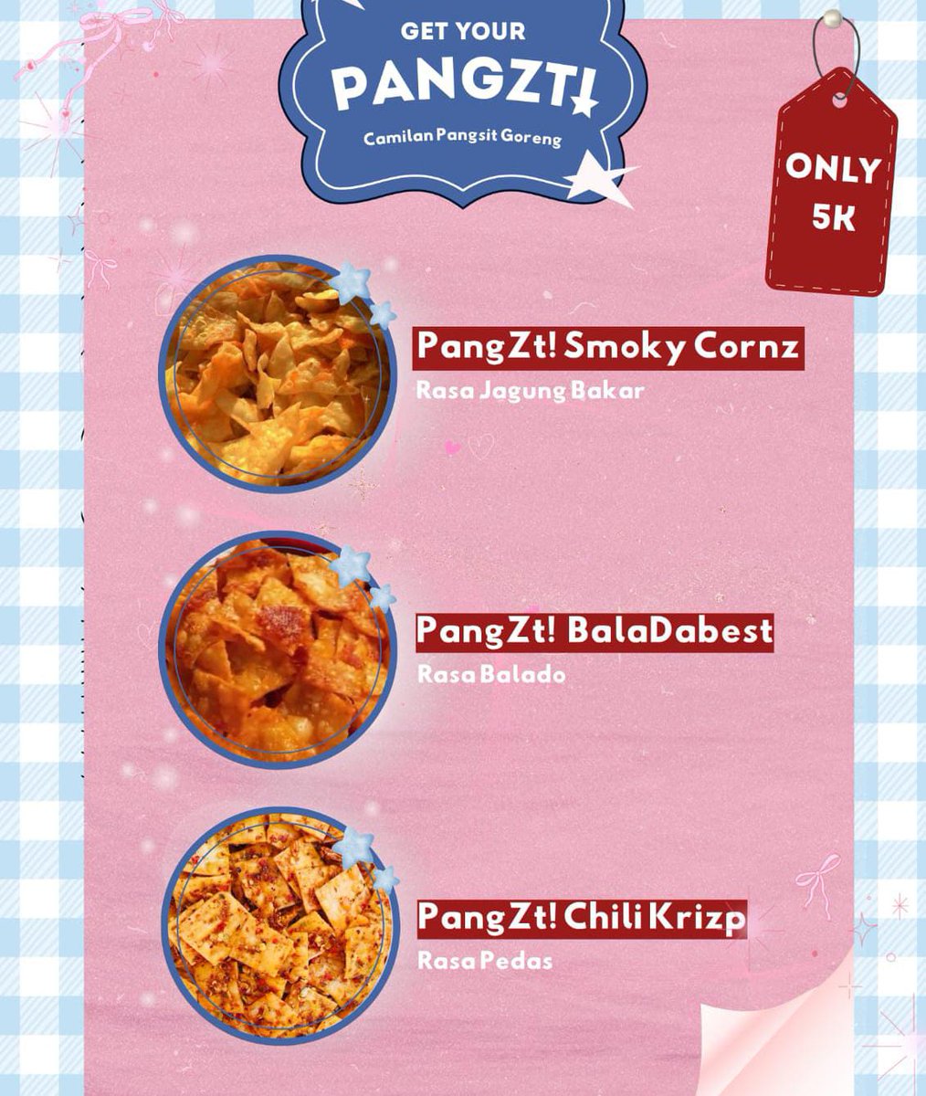 yntktsjjj's tweet photo. ���� NEW SNACK ALERT: PANGZT ! 🚨
Cemilan pangsit goreng with bold flavors — cocok buat ngemil, nongki, atau healing bareng drakor, etc 😋

— Aku ada 3 rasa:
🌽 Smoky Cornz 
🌶 BalaDabest 
🔥 Chili Krizp 
📦 OPEN PO SEKARANG!
💸Order now Via DM
and be the first yang cobain! 🌟🩷 https://t.co/RQomnVquLn