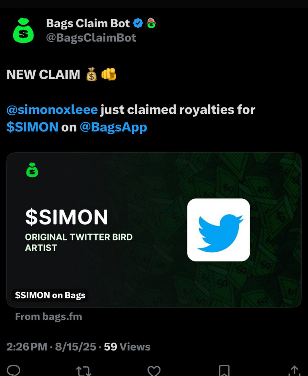<a href="/0xBossman/">0xBossman</a> <a href="/coinfessions/">Coinfessions</a> Twitter bird is alive 🐦

Original artist who was paid $6 is in and now receives his royalty 

$Simon is the ticker