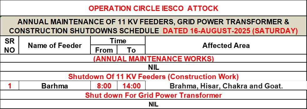 Dear Customers
Date: 16 August 2025 (Saturday)

IESCO Construction Work Shutdown

1. Attock 
2. Jhelum 
3. Chakwal 

  Inconvenience  is regretted please.