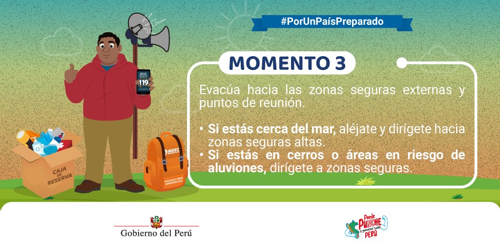 📢¡Hoy todo el Perú debe participar! A las 3:00 p. m. se realizará el II #SimulacroNacional2025 y para eso deben identificar los tres momentos más importantes durante este ejercicio. ¡Comparte esta info!