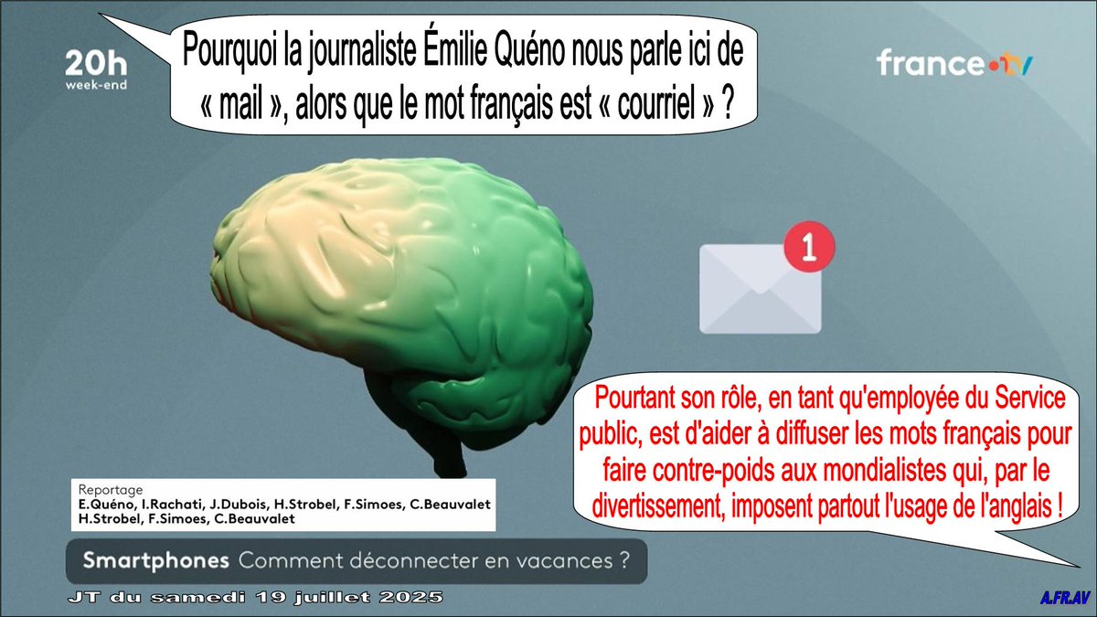 Ne pas avoir la fierté de parler français, c'est triste !
<a href="/EmilieQueno/">Emilie Queno</a> <a href="/Francetele/">France Télévisions</a> <a href="/france2/">france2</a> <a href="/CPolF5/">C Politique</a> #CPolitique <a href="/le20hfrancetele/">Le20h-France Télévisions</a> #JT20h #FranceTV #MédiaPublic <a href="/AnatoleBernaud2/">Anatole Bernaudeau</a> #Arcom #DGLFLF <a href="/MinistereCC/">Ministère de la Culture 🇫🇷</a> <a href="/languesFR/">Ministère-DGLFLF</a> #Toubon <a href="/ldrlak/">Annick Lederlé</a> #DGLFLF #XavierNorth #BernardCerquilini #courriel