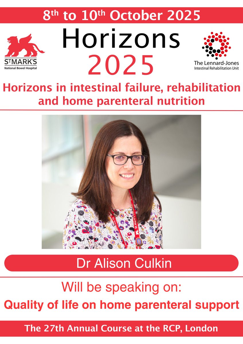 Dr Alison Culkin is our co-organiser of the upcoming ‘Horizons’ course in October 🌟

Dr Culkin will be speaking on all 3 days, and on day 3, Dr Culkin will be giving the latest insights on quality on life on home parenteral support ✅

Link to join us in London at the