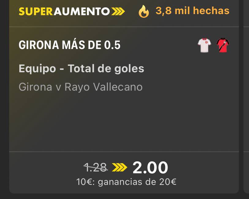 💚Superaumento cuota 2 

Sin stuani pierde gol el Girona pero jugando en casa ante el rayo vallecano que destaca más en lo ofensivo que lo defensivo creo que merece la pena entrar ya que le doy en torno al 65% de opciones de que marque el Girona , no la haría a menos de 1,75 !!