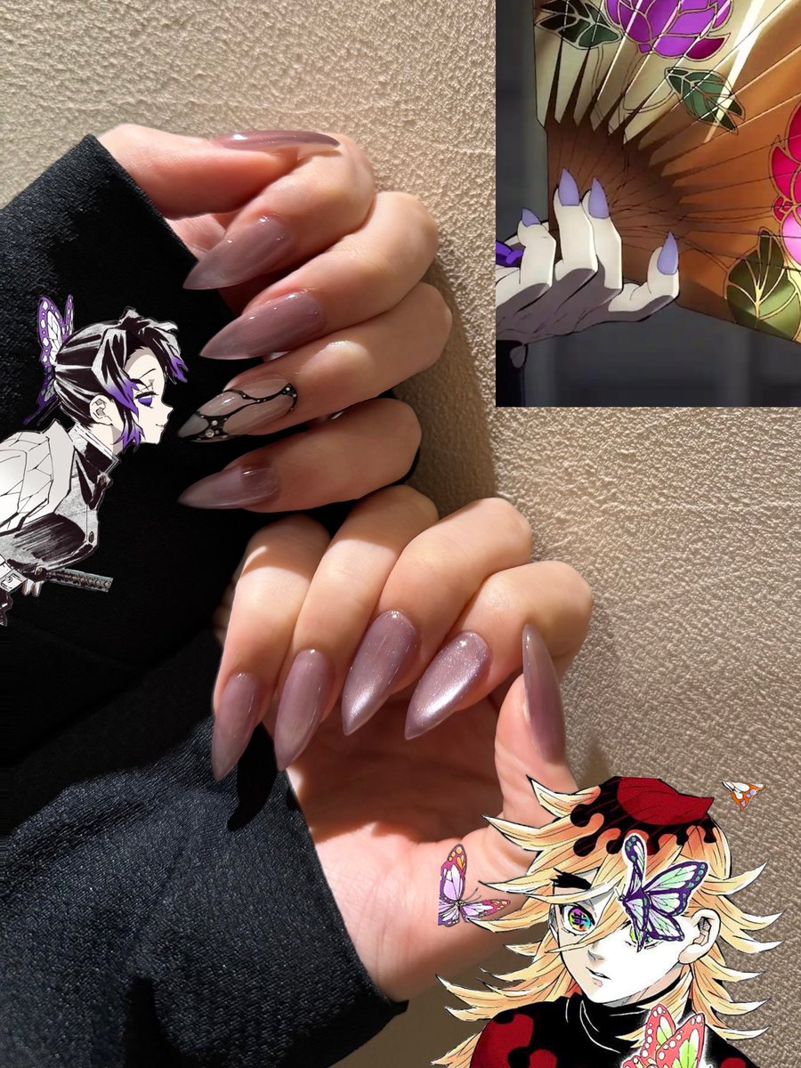 見て頂きたい。
痛ネイルまでいかないけど鬼滅ネイル。
一枚目は禰豆子
二枚目は童磨なんだ㌔今は指一本までしのぶさんの毒がまわってる状態(今の映画の段階)
(指先は加工で尖らせましたすみません)