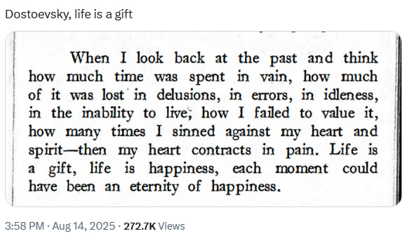 Today, Dostoevsky somehow slipped into CT: 

x.com/apewoodx/statu…

He wrote this in a family letter shortly after being “reborn” - sentenced to execution, but the sentence was commuted after it had already been read aloud, just moments before the trigger was pulled.

With our