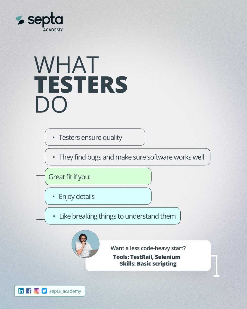septa_academy's tweet image. Which side of tech will you master?  
Building the product or making it flawless?
Both paths can launch a powerful career, but the one you choose could define your future.
Find out which role truly fits YOU 
Read more on; blog.septasoftware.com/software-testi…
#TechCareers #SoftwareDevelop