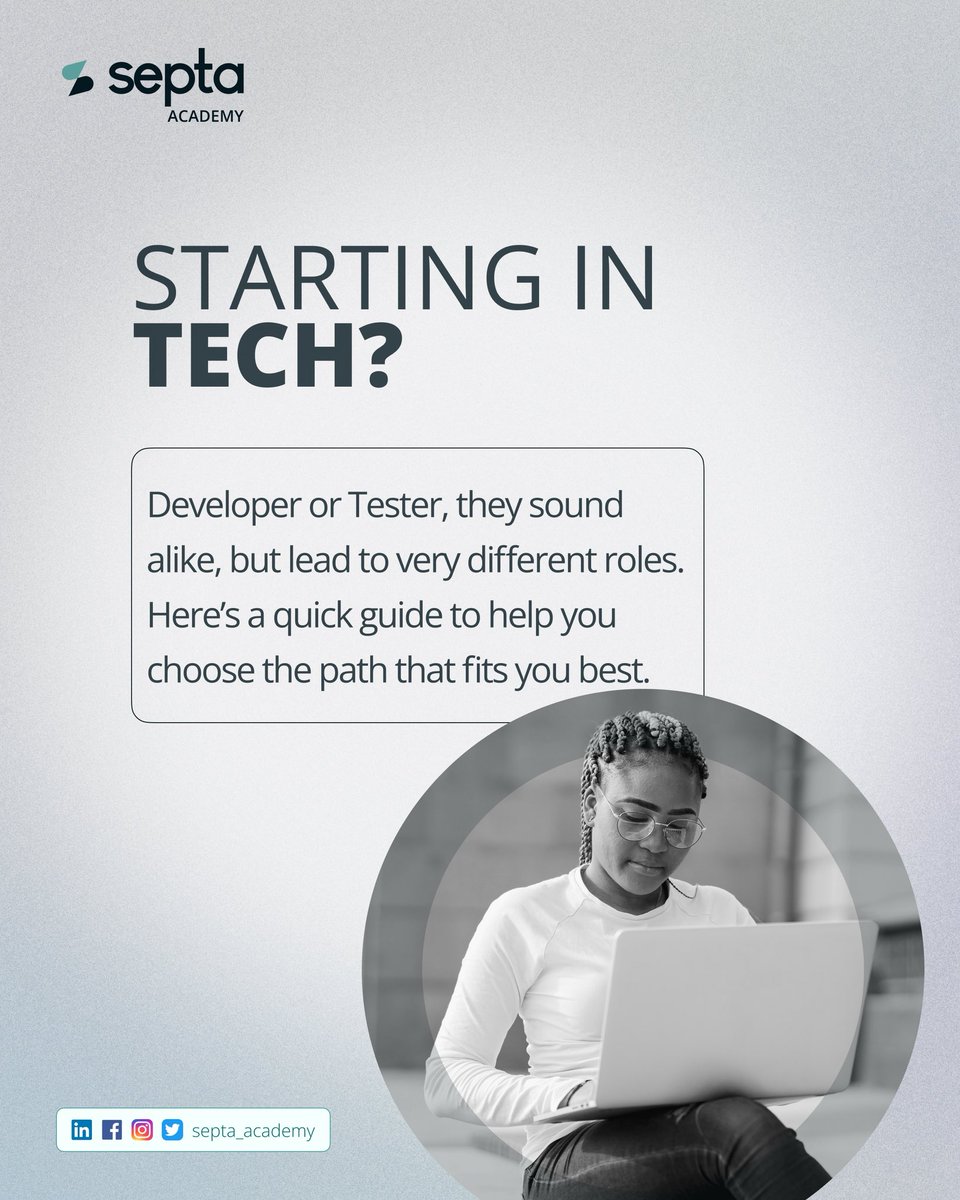 septa_academy's tweet image. Which side of tech will you master?  
Building the product or making it flawless?
Both paths can launch a powerful career, but the one you choose could define your future.
Find out which role truly fits YOU 
Read more on; blog.septasoftware.com/software-testi…
#TechCareers #SoftwareDevelop