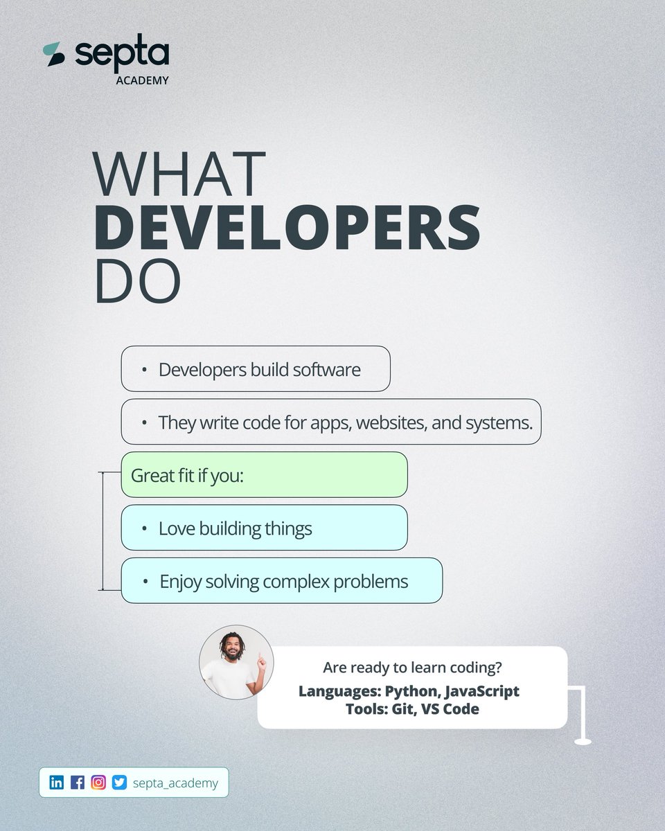 septa_academy's tweet image. Which side of tech will you master?  
Building the product or making it flawless?
Both paths can launch a powerful career, but the one you choose could define your future.
Find out which role truly fits YOU 
Read more on; blog.septasoftware.com/software-testi…
#TechCareers #SoftwareDevelop