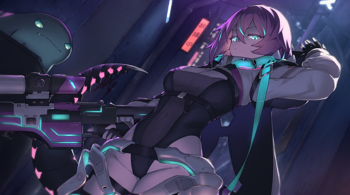 pinklejar's tweet photo. Right behind you. 🦖

Art by @Hoplitx 
Thank you for making her look so cool 😭🙏❤️

#pinklejart #raptor #cyberpunk #envtuber https://t.co/Lci6yRqf6i