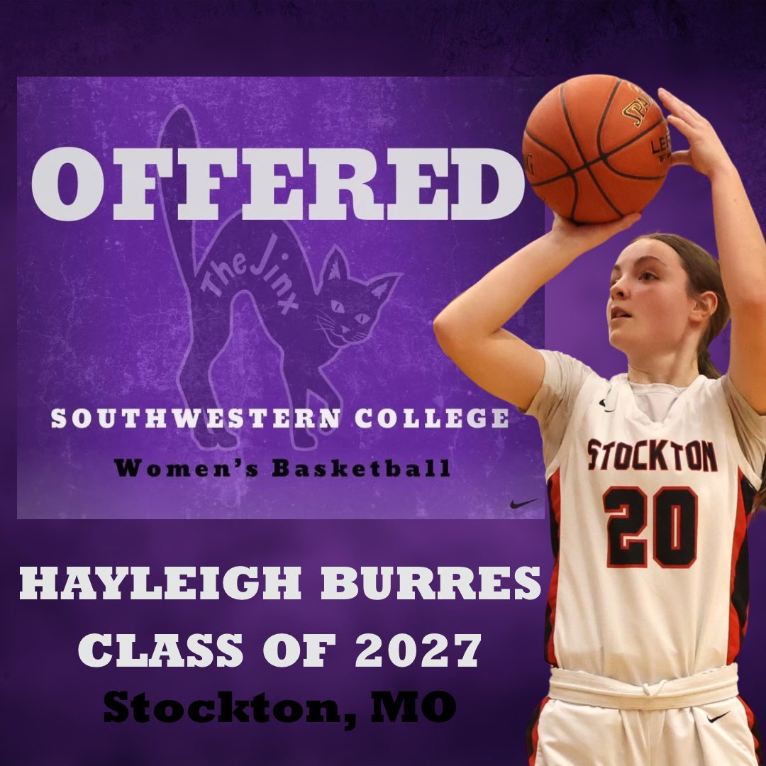 After a great phone call with <a href="/Burt2Burt/">Josh Burt</a>, I am blessed to receive my first official offer from Southwestern College! Excited to see this program grow under Coach Burt and honored to have the opportunity! 💜

<a href="/LadyBuilders/">LadyBuilderBasketball</a> <a href="/shs_ladytigers/">Stockton Lady Tigers Basketball</a> <a href="/FlightGirls/">MO Flight Girls Basketball</a> <a href="/CoachB_Burchett/">Brett Burchett</a> <a href="/YG_Lambo/">Dale Lamberth</a>