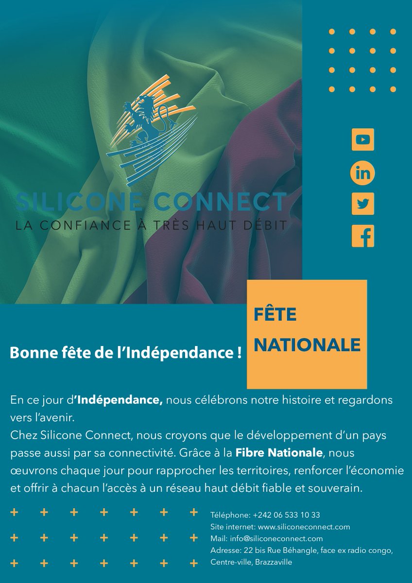 Liberté, unité, connectivité.

En ce 65ᵉ anniversaire de l’Indépendance, Silicone Connect réaffirme son engagement : rapprocher les Congolais grâce à la Fibre Nationale.

Bonne fête à toutes et à tous !

#IndépendanceCongo #FibreNationale #WeAreSiliconeConnect