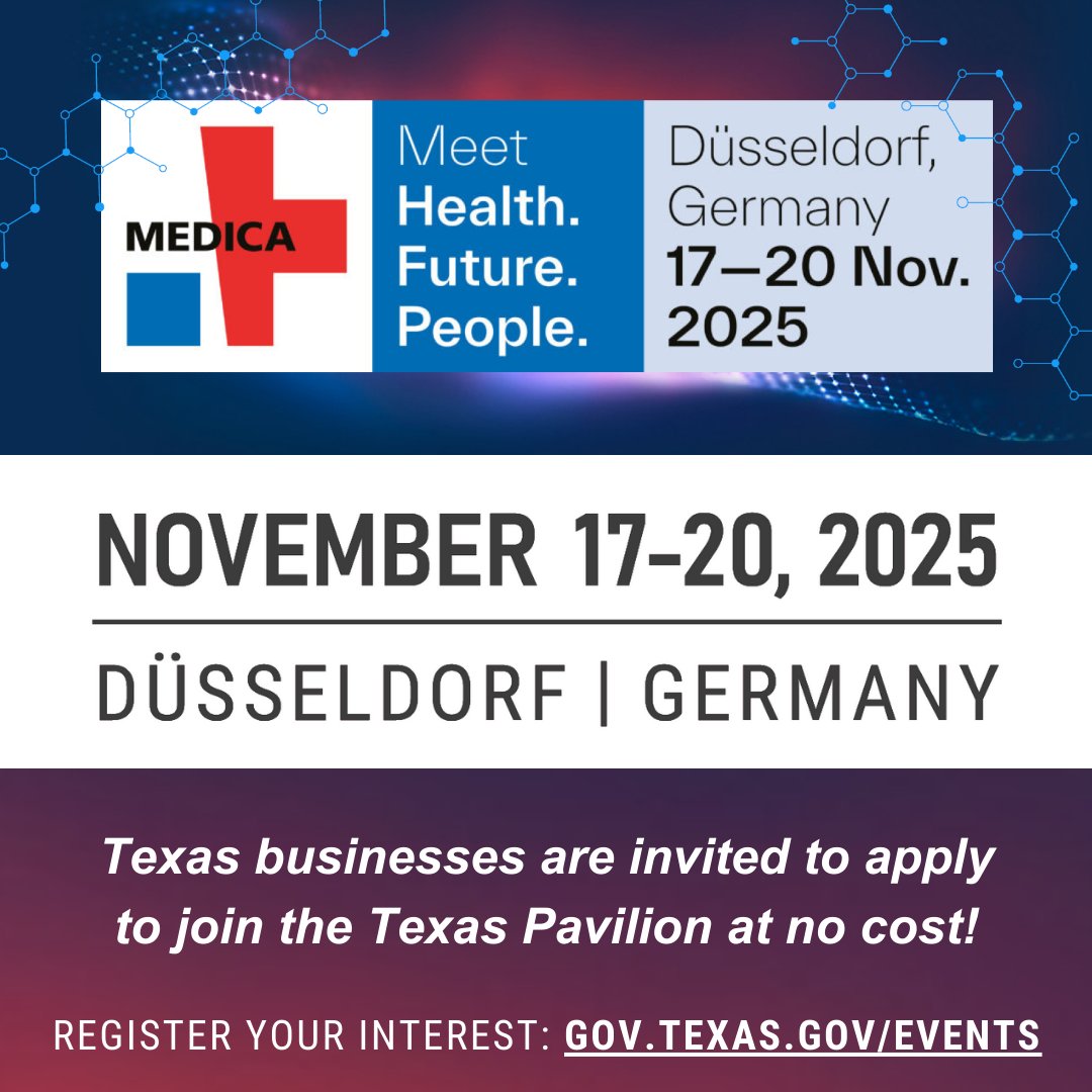 We are accepting applications for Texas businesses interested in joining the #TexasPavilion at <a href="/MEDICATradeFair/">MEDICA</a>, one of the largest trade shows for the global #medical, #biotech, #lifesciences and #healthcare industries! Register your interest here &gt;&gt; bit.ly/3Hr6t5W