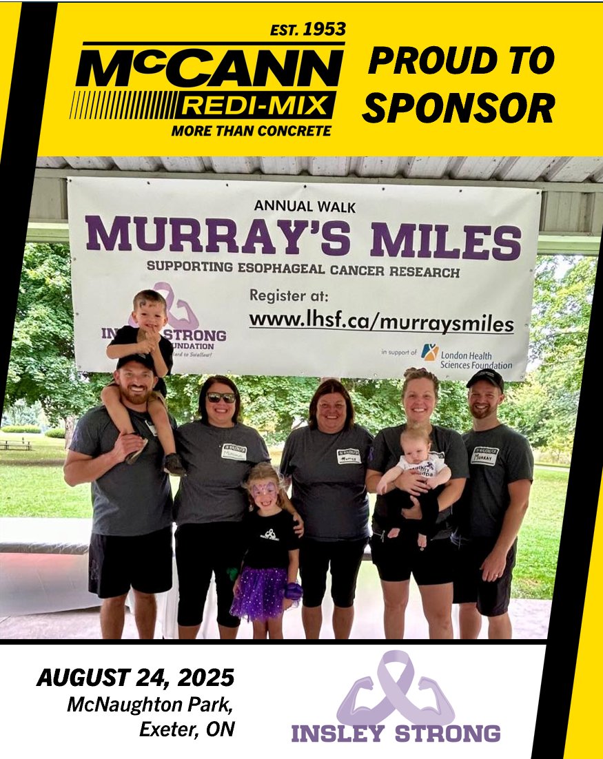 McCann Redi-Mix is a proud sponsor of the Murray’s Miles <a href="/InsleyStrong/">Insley Strong Memorial Foundation</a>, an annual 5km walk/run in Exeter raising funds and awareness for esophageal cancer.

Before Sunday, August 25th it’s not too late to:
👟 Dust off your sneakers
💻 Register online
💰 Pledge donations
📣 Tell