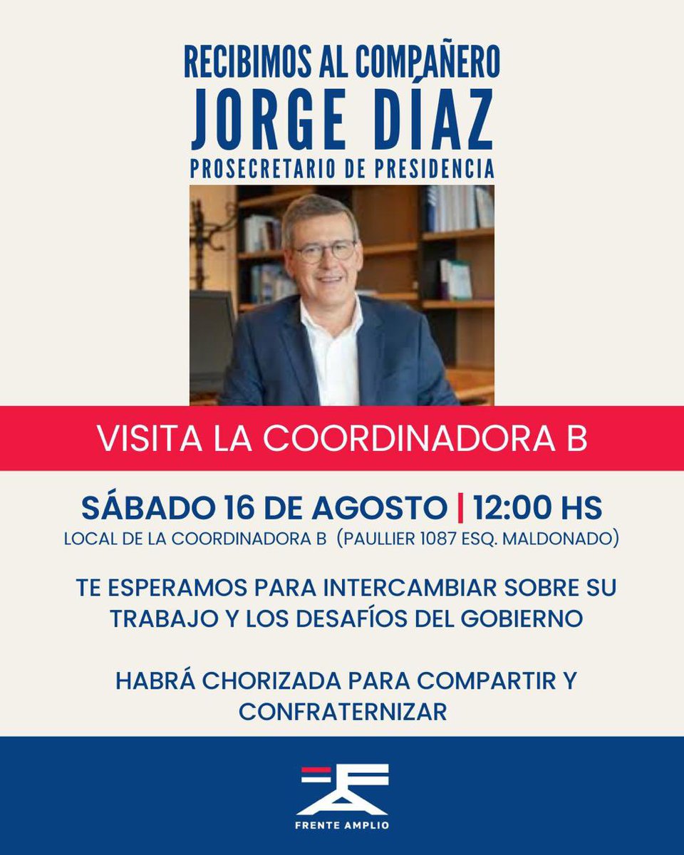 Mañana te esperamos para intercambiar sobre trabajo y los desafíos del gobierno junto al compañero <a href="/jdiazalmeida/">Jorge Diaz</a>  
12:00horas en la coordinadora B📍