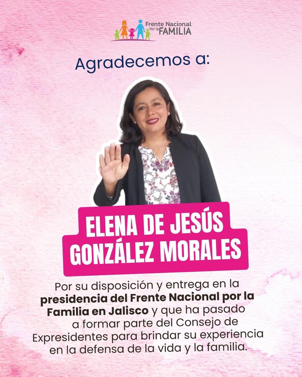 Agradecemos a Elena González por su disposición y la entrega que tuvo como presidente del <a href="/fnfjalisco/">FNFJalisco</a>. Sin duda, será fundamental su apoyo ahora como miembro del Consejo de Expresidentes para aportar su valiosa experiencia en la defensa de la vida y la familia.