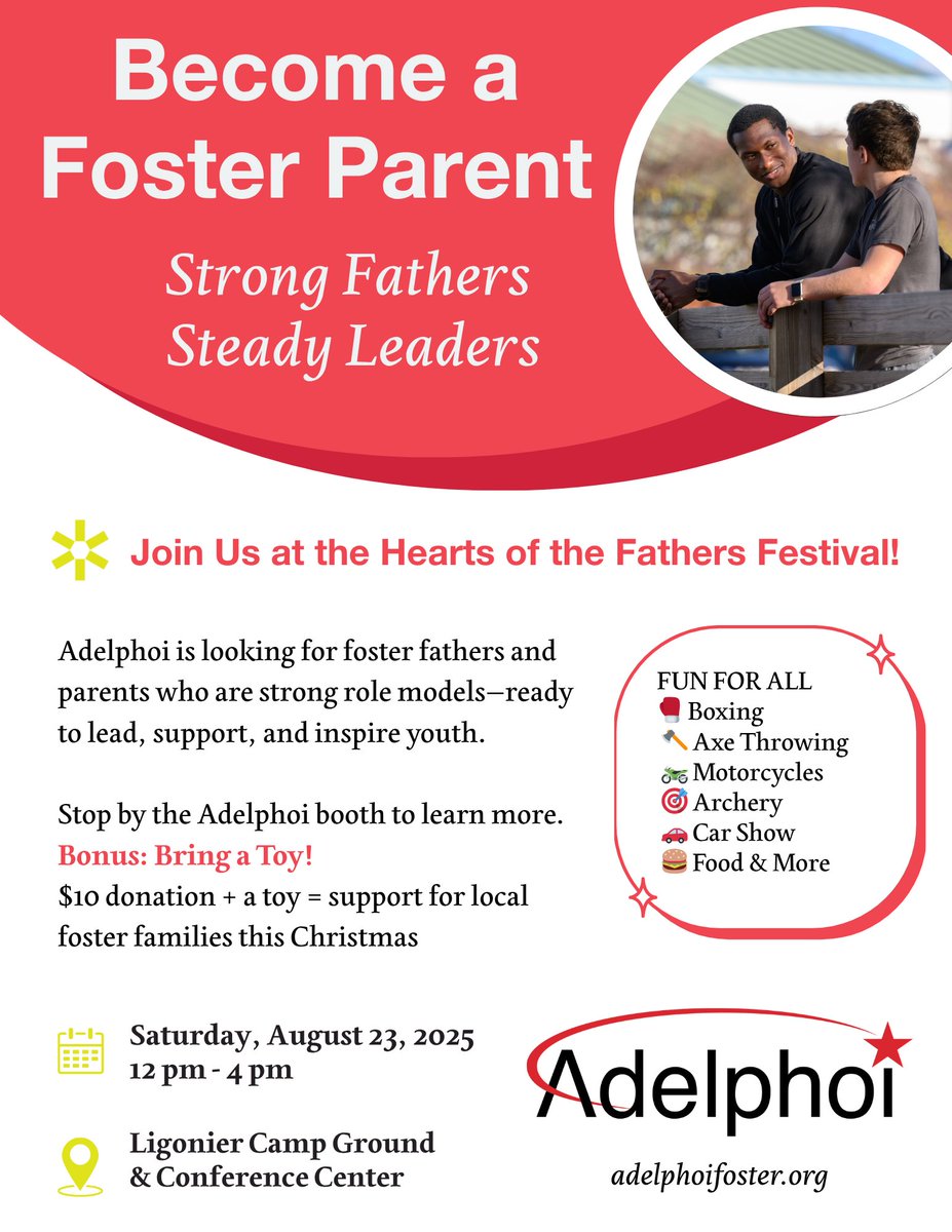 Fun for all!!
Join Adelphoi at the Hearts of the Fathers Festival for family-friendly fun and discover how you can empower youth through foster care!
📅 August 23
📍Ligonier Camp Ground
🌐adelphoifoster.org