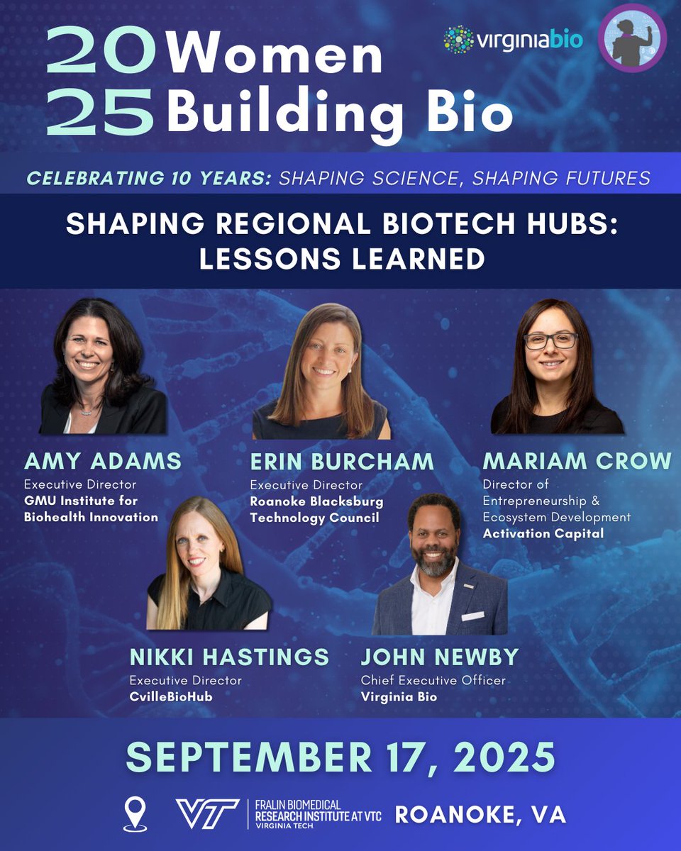🚀 BioHub leaders unite at Women Building Bio 2025 in Roanoke! Hear how they’re building Virginia’s first collaborative resource to strengthen our bio ecosystem.

🎤 Adams | Burcham | Crow | Hastings | Newby

👉 Register: bit.ly/3Ieo15r

#VaBioWBB2025