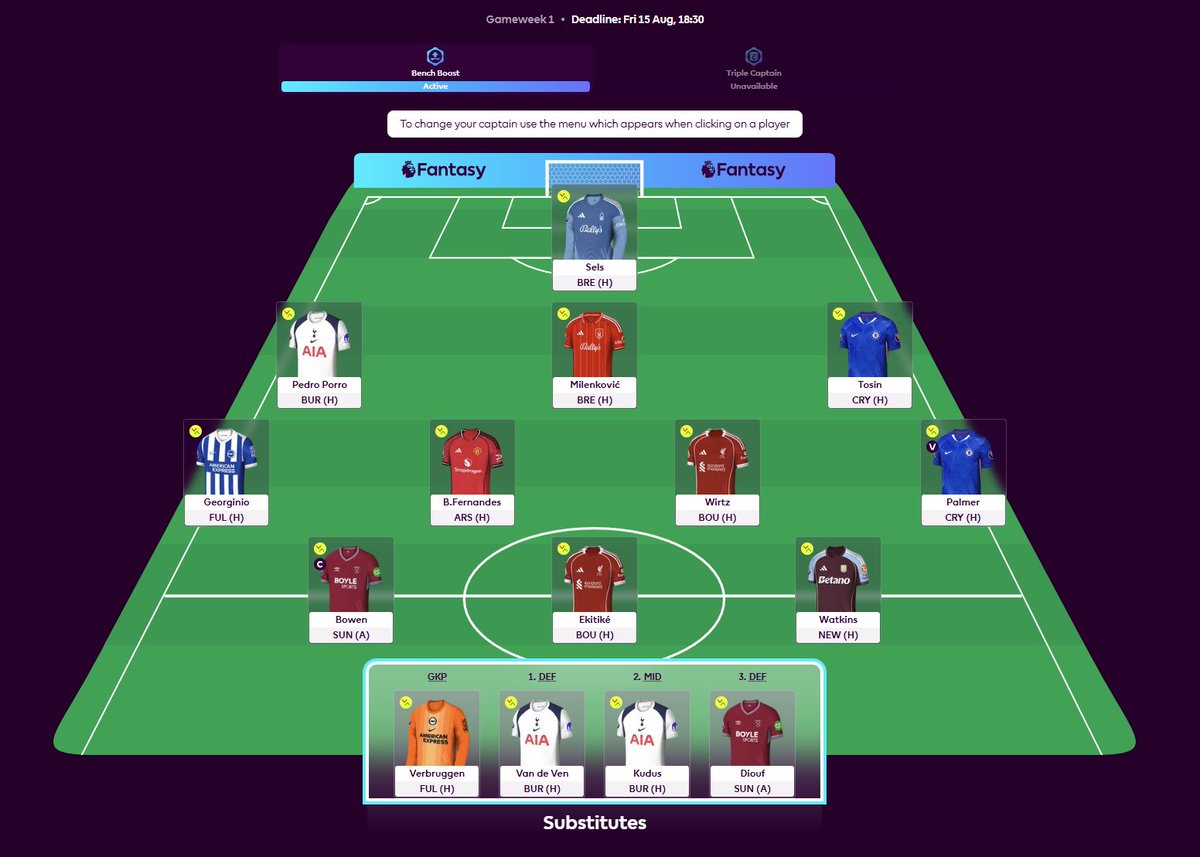 Mike3Pearson's tweet photo. @SimplyFPL BB GW1 | FH GW2 | WC for GW4 https://t.co/DgJYVHpo6L