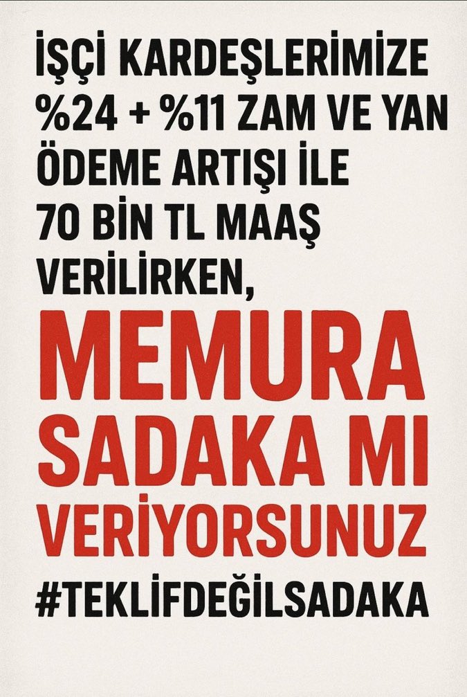 MemurSGK's tweet photo. Böyle Teklif Olmaz!
Kamu işvereni işçiye 70.000₺ maaş verirken, KPSS’yle, sınavlarla, diplomalarla memur olmuş kişiye 50.000₺ reva görüyor. Eğitim, liyakat, emek? Hiçbiri umurlarında değil. Verdikleri zam ise sadaka gibi. #MemuraCumaSadakası https://t.co/4rpQae7ypC