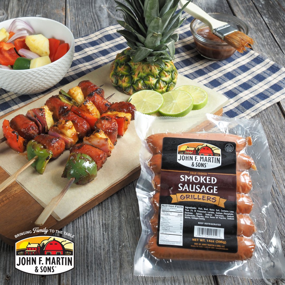Get ready for grilling season! 🔥 Try our John F. Martin Smoked Sausage Grillers in these delicious, easy kabobs. Just skewer the fully cooked sausage with pineapple, bell peppers, and red onion for a sweet and smoky summer meal. 🍍🥓🌶️

#GrillingSeason #KabobIdeas #SummerEats