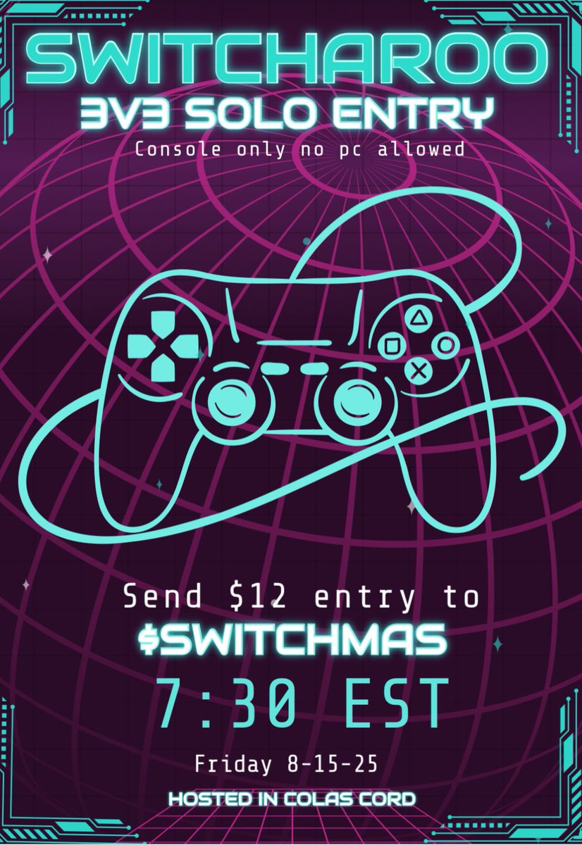 FRIDAY SWITCHAROO🍻🍻

⏰7:30 EST FRIDAY 8-15-25

💰$12 SOLO ENTRY SEND TO $SWITCHMAS

🗺️HOSTED IN MY CORD DM FOR INV &amp; INFO

👥NEED 21 ENTRIES TO START

🎁🎁WILL ALSO DO A PRIZE WHEEL🎁🎁