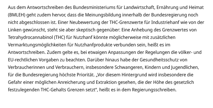 Während jeder Erwachsene zu Hause 3 echte Cannabispflanzen und 50g reines THC besitzen darf, hat die Bundesregierung Sorgen bzgl. einer Liberalisierung im Umgang mit industriellem Nutzhanf. Es könnte ja THC daraus extrahiert werden. 🤡
bundestag.de/presse/hib/kur…