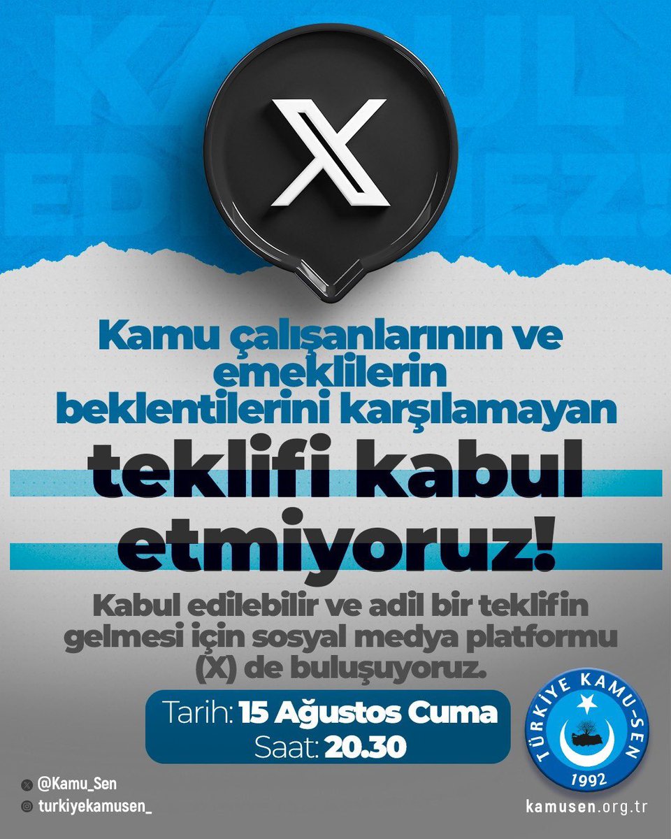MEMUR ÜVEY EVLAT DEĞİLDİR!
Yetersiz Teklifi Kabul Etmiyoruz!

Bu akşam saat 20.30’da Sosyal medya platformu (X) üzerinden “Yetersiz Teklife” bir kez daha HAYIR diyor, sosyal medyada gündemi belirliyoruz!
