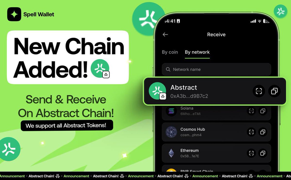 🪙 News! <a href="/AbstractChain/">Abstract</a>  is now Available!

Abstract is now supported in Spell Wallet! 🔥

🪙 Send &amp; Receive your favourite tokens on <a href="/AbstractChain/">Abstract</a> ! Spell Wallet now supports all Abstract-based tokens!

❓ How to add Abstract:

1️⃣ Open Spell Wallet
2️⃣ Tap “Receive” and choose