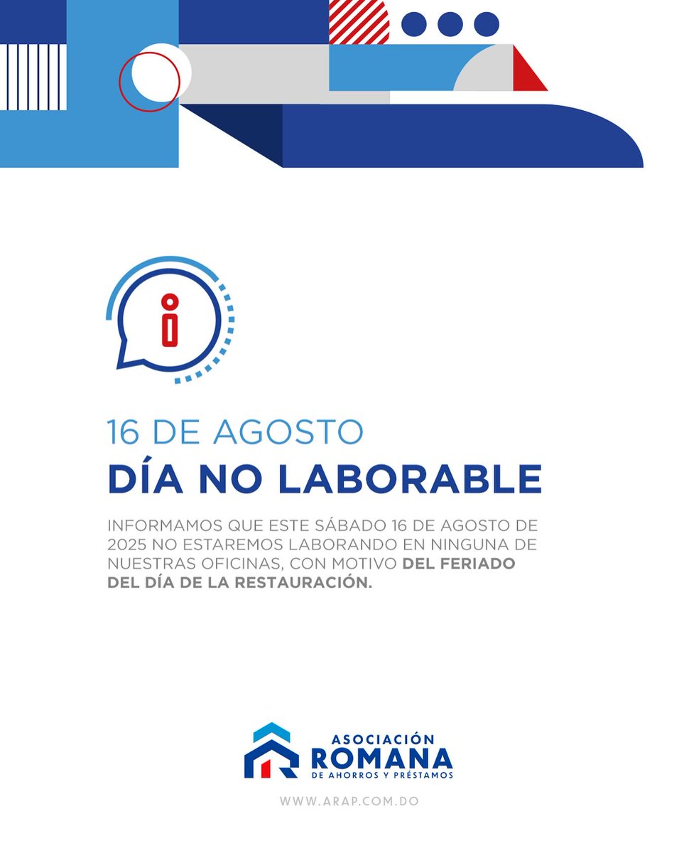 Informamos que el próximo 16 de agosto de 2025 no estaremos laborando en ninguna de nuestras oficinas, con motivo del feriado del Día de la Restauración.
