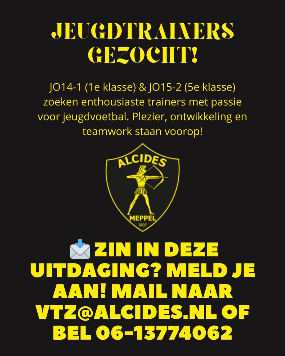 Alcides♔ (@alcides1907) on Twitter photo Alcides zoekt trainers! Ben jij geïnteresseerd?! Stuur dan een mailtje naar vtz@alcides.nl of app of bel naar 06-13774062 💛🖤⚽️ Alcides zoekt trainers! Ben jij geïnteresseerd?! Stuur dan een mailtje naar vtz@alcides.nl of app of bel naar 06-13774062 💛🖤⚽️
