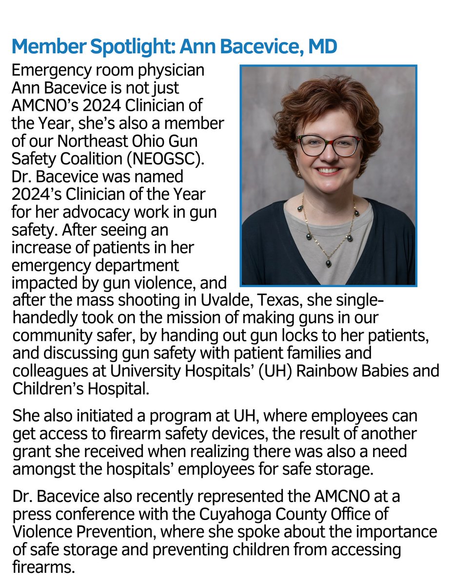 AMCNO’s August Member of the Month &amp; 2024 Clinician of the Year, Dr. Ann Bacevice, is on a mission to save lives.  Read more here: amcno.org/member-spotlig… #physician #leadership #EndGunViolence #gunsafety