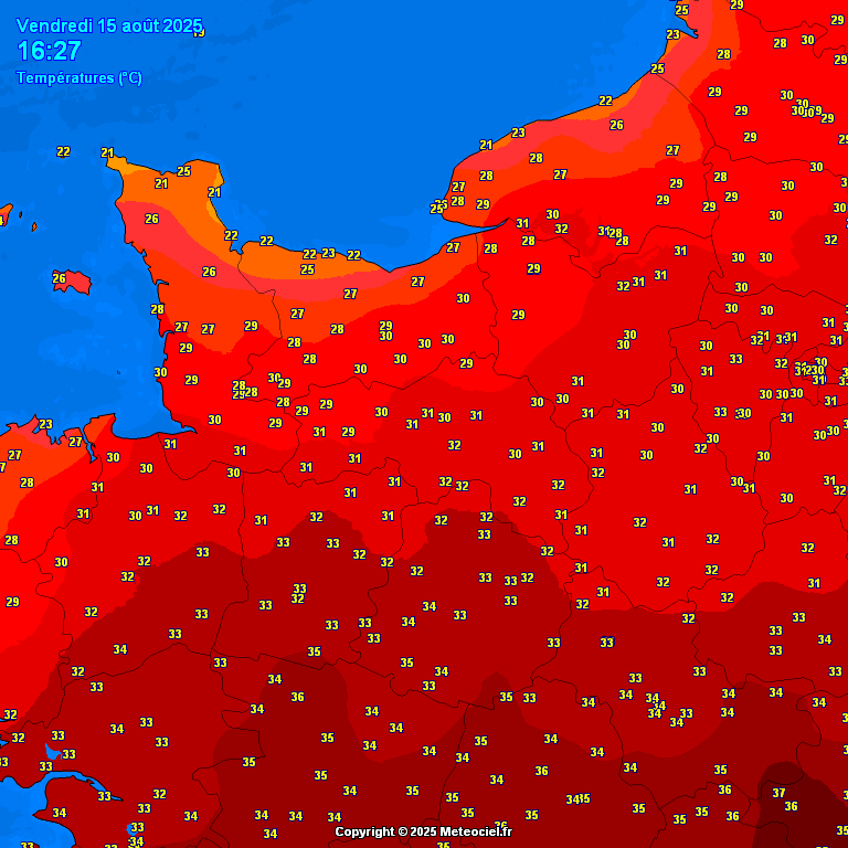 🥵🌡 Après une légère baisse sur l'ensemble du département ce jeudi 14 août, les fortes chaleurs sont de retour ce 15 août. À 16h, il fait près de 30-31°C entre la Seine et l'agglomération de Rouen, 27-29 dans les terres et le Pays de Bray, 25°C au Havre (un peu plus en