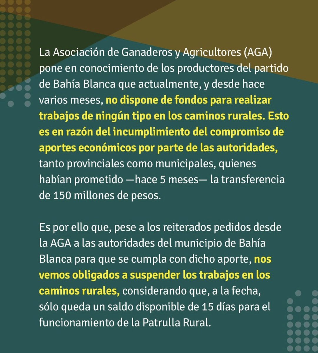 El kirchnerismo, en el gobierno municipal y provincial, vuelve a demostrar que no sabe ni quiere administrar lo que funciona. Desde hace más de 5 meses el Municipio le debe a la Asociación de Ganaderos y Agricultores $150 millones para mantener los caminos rurales y la patrulla