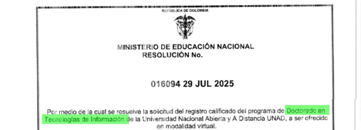 Jaime Leal Afanador (@jaimeleal_) on Twitter photo ... y llegó el segundo PhD a la <a href="/UniversidadUNAD/">Universidad UNAD</a>: Doctorado en Tecnologías de la Información.
Grandes en tamaño (más de 300 mil estudiantes), en calidad (acreditados institucionalmente), en inclusión, internacionalización e innovación, y ahora en investigación. ... y llegó el segundo PhD a la <a href="/UniversidadUNAD/">Universidad UNAD</a>: Doctorado en Tecnologías de la Información.
Grandes en tamaño (más de 300 mil estudiantes), en calidad (acreditados institucionalmente), en inclusión, internacionalización e innovación, y ahora en investigación.