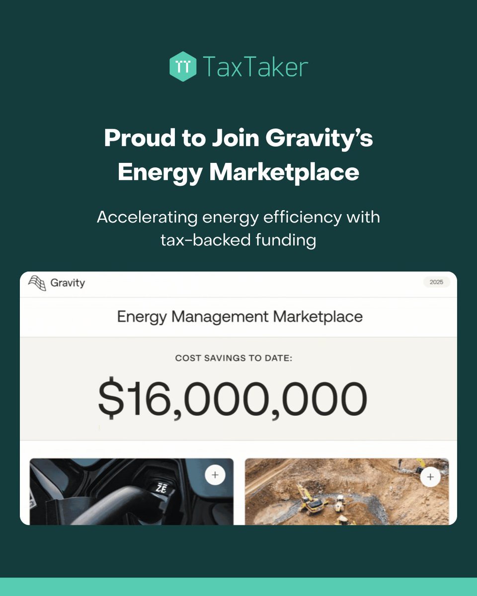 Big news: We're now part of @Gravity's Energy Management Marketplace.
Helping businesses cut energy costs and taxes—no big CapEx required.
Learn more 👉 bit.ly/4fXs0QF

#EnergyEfficiency #TaxCredits #CleanEnergy #TaxTaker