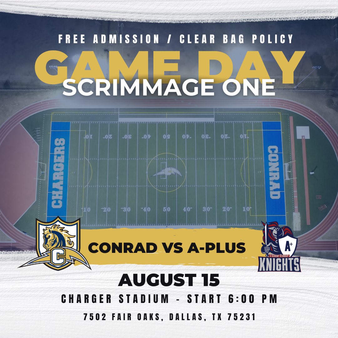 Josh Ragsdale (@joshragsdale) on Twitter photo Itโs a Charger Football Scrimmage Day!
Come hang at 7502 Fair Oaks tonight!
Free admission! Bring a lawn chair!
<a href="/SBarrios_DISD/">Dr. Sandra Barrios-Rojas, Executive Director</a> <a href="/ConradSchools/">Conrad Nation - DISD</a> <a href="/DallasISDSupt/">Dr. Stephanie S. Elizalde</a> <a href="/dallasathletics/">Dallas ISD Athletics</a> <a href="/DrBrianLusk/">Brian Lusk</a> <a href="/N_Bernardino/">Dr. Nancy Bernardino</a> <a href="/MTTyeskie1/">M.T. Tyeskie, M.Ed.,RAA,TAAC</a> <a href="/Barnett94Brian/">Coach Brian Barnett</a> <a href="/DanforDISD/">Dan Micciche</a> <a href="/ConradChargerFB/">Conrad Charger Football</a> <a href="/VivFairley/">Vivian Chandler Fairley</a> Itโs a Charger Football Scrimmage Day!
Come hang at 7502 Fair Oaks tonight!
Free admission! Bring a lawn chair!
<a href="/SBarrios_DISD/">Dr. Sandra Barrios-Rojas, Executive Director</a> <a href="/ConradSchools/">Conrad Nation - DISD</a> <a href="/DallasISDSupt/">Dr. Stephanie S. Elizalde</a> <a href="/dallasathletics/">Dallas ISD Athletics</a> <a href="/DrBrianLusk/">Brian Lusk</a> <a href="/N_Bernardino/">Dr. Nancy Bernardino</a> <a href="/MTTyeskie1/">M.T. Tyeskie, M.Ed.,RAA,TAAC</a> <a href="/Barnett94Brian/">Coach Brian Barnett</a> <a href="/DanforDISD/">Dan Micciche</a> <a href="/ConradChargerFB/">Conrad Charger Football</a> <a href="/VivFairley/">Vivian Chandler Fairley</a>