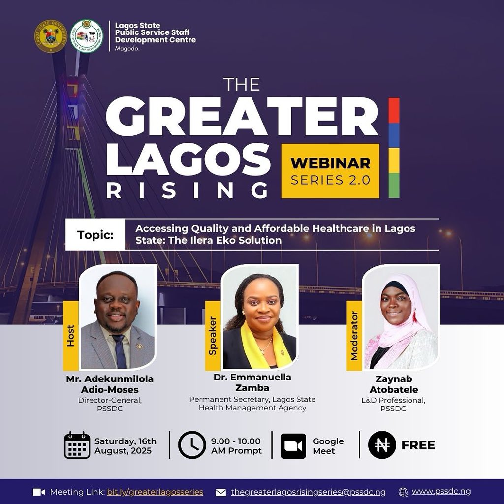 LagHealthScheme's tweet photo. Join us tomorrow on Google Meet as our Permanent Secretary, Dr Emmanuella Zamba  shares valuable insights on Ilera Eko, Lagos State’s innovative health insurance scheme. 

Learn how Ilera Eko can provide you and your loved ones with access to quality healthcare at an affordable cost.

- Date: 16th August 2025
- Time: 9 am
- Platform: Google Meet
- Hosted by: Lagos State Public Staff Development Centre @pssdc_lagos

Don’t miss this opportunity!