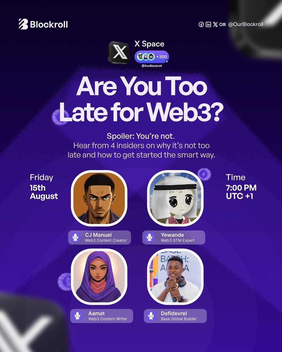Come 7pm today, myself alongside other based builders <a href="/DefiDevrel/">DefiDevrel.base.eth</a> Wil be live <a href="/OurBlockroll/">Blockroll</a> to discuss getting started in the new era of Web3 in 2025. 

Cop your seats here 
x.com/i/spaces/1nAKE…