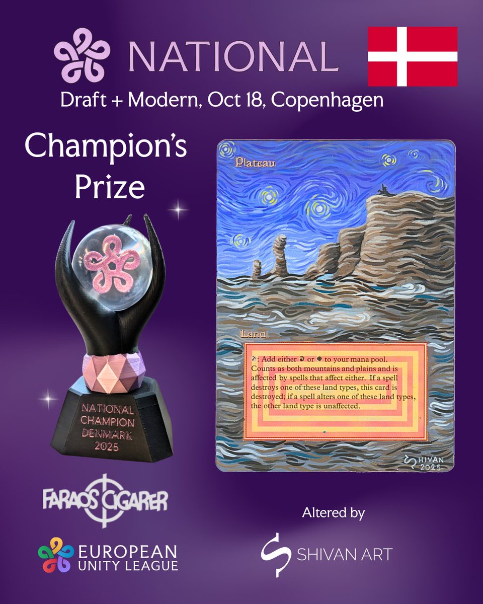 European Unity League (@unityleaguemtg) on Twitter photo 🇩🇰 EUL National Champion’s prize 🏆
A Revised Plateu 🃏 altered by <a href="/ShivanArt/">ShivanArt🔜TBA👀</a> 🎨 and a custom trophy 🖤
📅 18.10
📍 Copenhagen <a href="/FaraosCphMtg/">Faraos Cigarer Copenhagen MTG</a> 🔗unityleague.gg/events/10567/ 🇩🇰 EUL National Champion’s prize 🏆
A Revised Plateu 🃏 altered by <a href="/ShivanArt/">ShivanArt🔜TBA👀</a> 🎨 and a custom trophy 🖤
📅 18.10
📍 Copenhagen <a href="/FaraosCphMtg/">Faraos Cigarer Copenhagen MTG</a> 🔗unityleague.gg/events/10567/