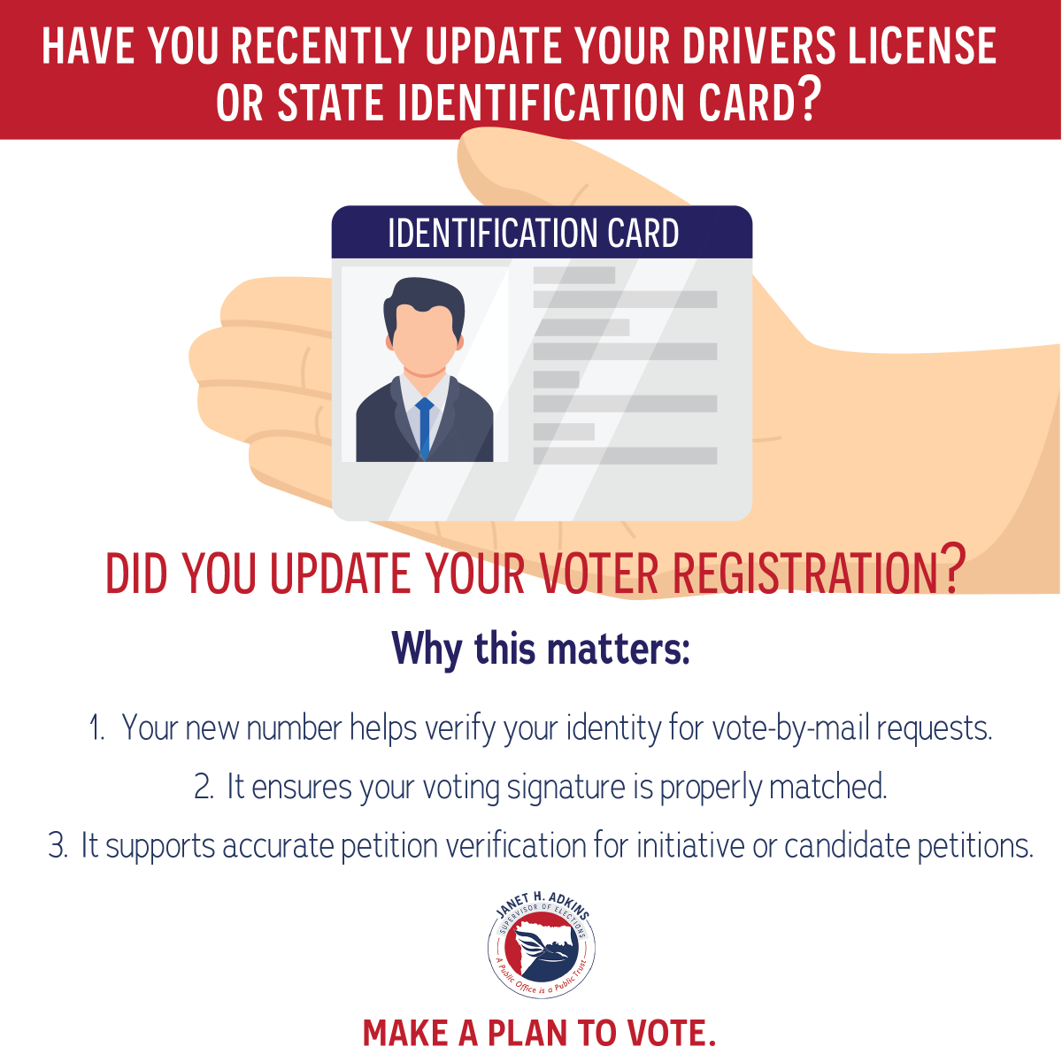Has your Florida drivers license or state ID been renewed or replaced recently? Due to updated state requirements, your license or ID number may have changed. Be sure to update your voter registration with the new number.