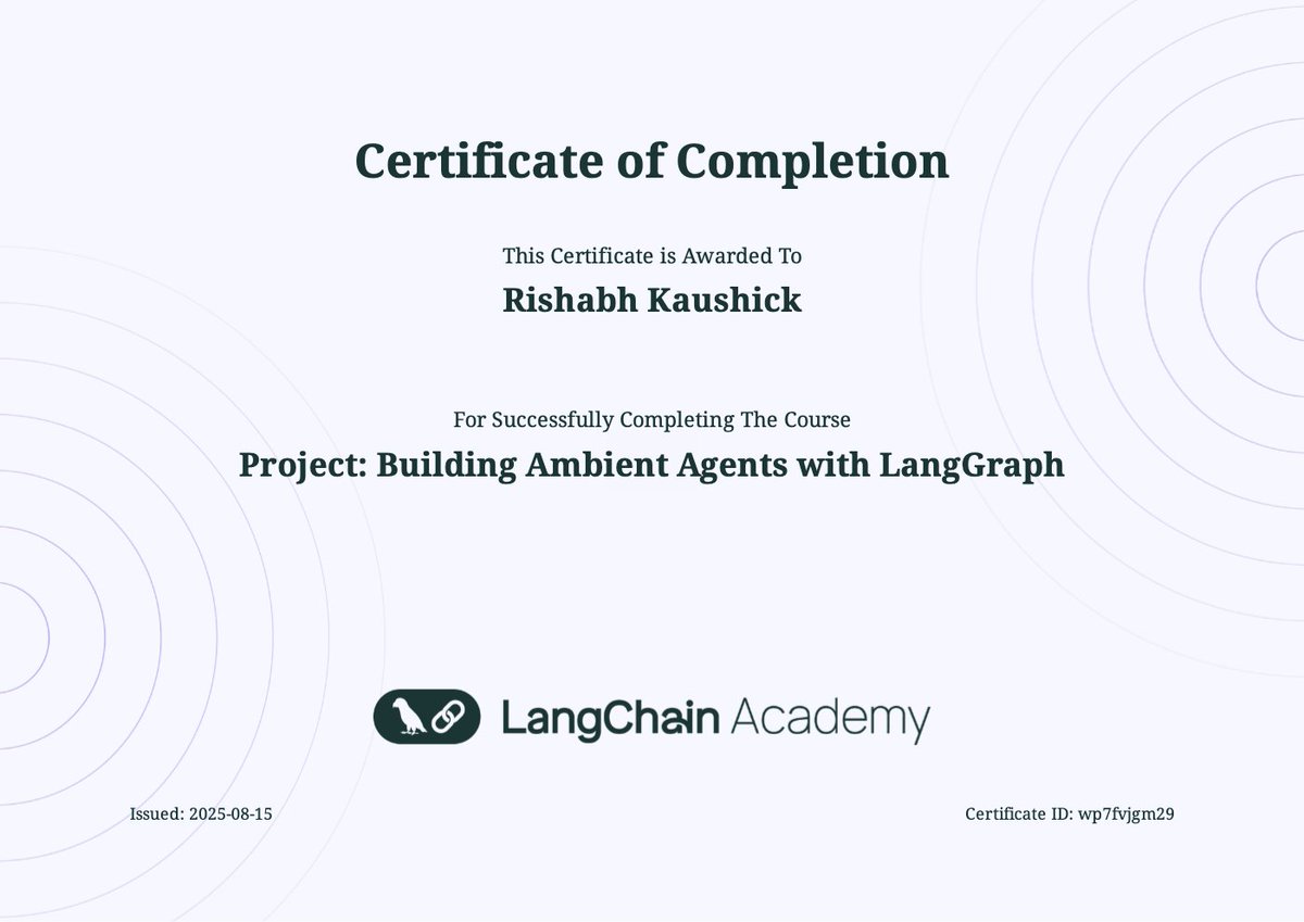 🦜🔗 Just finished <a href="/langchain/"></a>'s Building Ambient Agents with LangGraph Course! Check it out here: academy.langchain.com