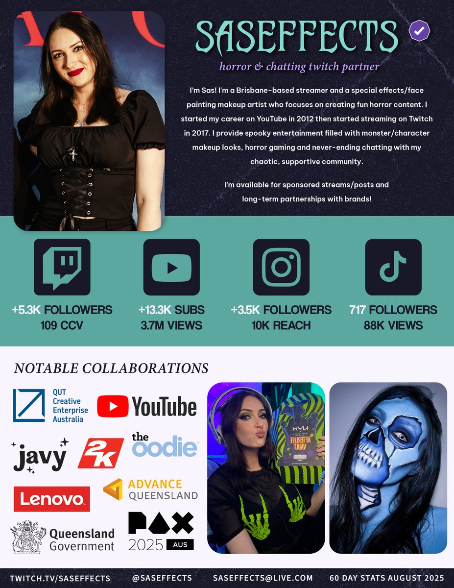 Sas 🎃 (@saseffects) on Twitter photo 💀New media kit is out💀
Your spooky horror chatting girl is here & ready to work together ✌️
🩶twitch.tv/saseffects
🍒youtube.com/@Saseffects
For any business💌: saseffects@live.com 💀New media kit is out💀
Your spooky horror chatting girl is here & ready to work together ✌️
🩶twitch.tv/saseffects
🍒youtube.com/@Saseffects
For any business💌: saseffects@live.com