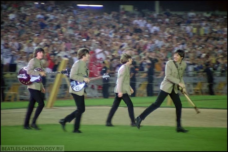 #THEBEATLES play Shea Stadium in New York on Aug.15/65. It marks the 1st time a rock band headlines a stadium in America, playing to a sold-out crowd of over 55,000.