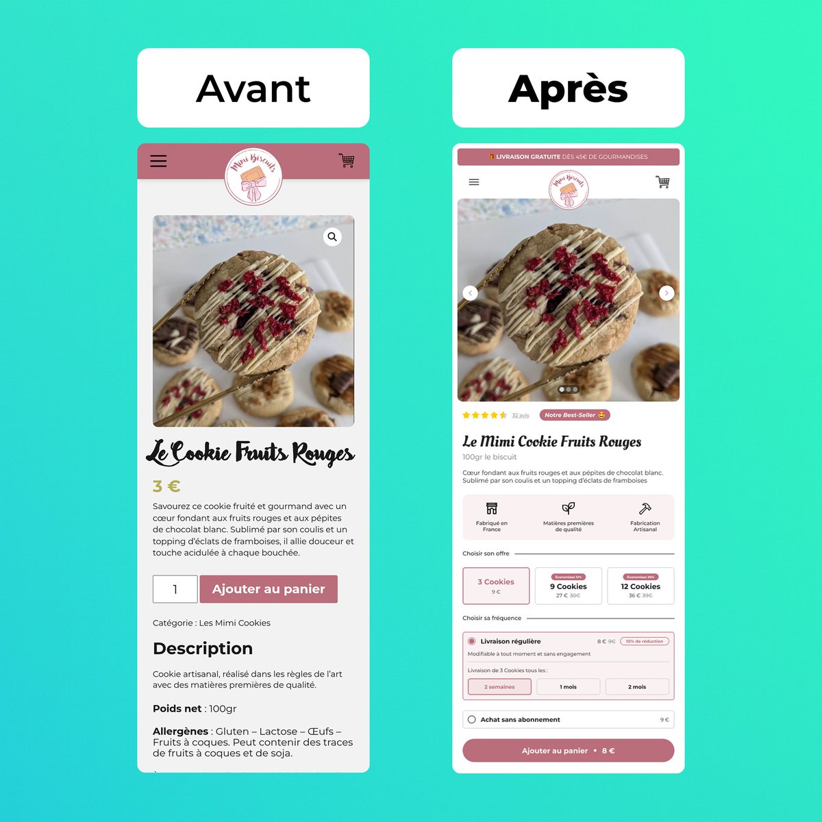 Alexis_Duprat_'s tweet photo. Étude de cas 🍪

Avant :
❌ Vente à l’unité (personne n’achète 1 cookie…)
❌ Bénéfices absents
❌ Pas d’option de fidélisation
❌ Aucune preuve sociale

Après :
✅ Packs multi-quantités
✅ Abonnement récurrent
✅ Bénéfices clés visibles dès l’arrivée
✅ Preuve sociale mise en avant
✅ Sticky ATC clair et incitatif

📈 Résultat : une offre plus attractive… et plus rentable.

💡 Tu veux créer une offre irrésistible ? Mon thread complet est en tweet épinglé 🐊